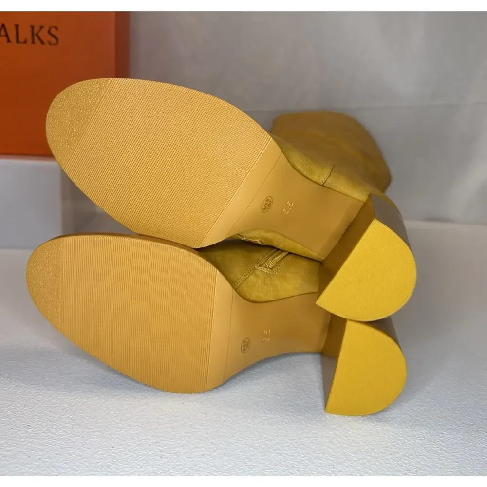 TopWalks Women's Knee High Boots Chunky Block Heel Banana-Yellow Size 6.5
